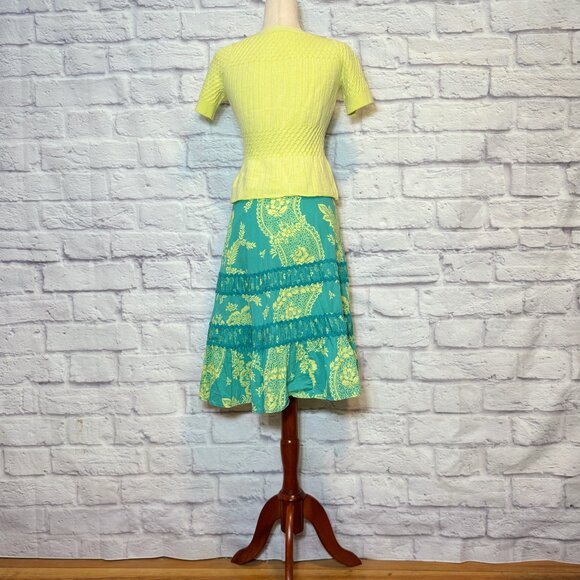 Anthropologie Odille Teal & Chartreuse Paisley Knee-Length Skirt - Picture 6 of 9